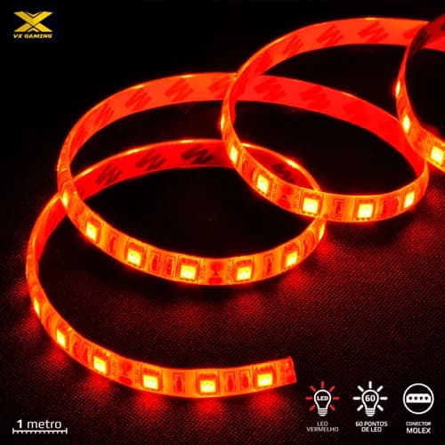FITA DE LED VX GAMING VERMELHO COM CONEXÃO MOLEX 60 PONTOS DE LED 1 METRO - LVM1