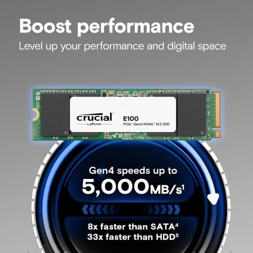 SSD M.2 NVME 2 TERA CRUCIAL E100 VELOCIDADE: LEITURA 5.000MB'S GRAVACAO 4500MB'S PCIE 4.0 - CT2000E100SSD8
