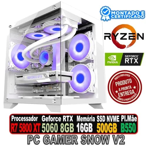 PC GAMER SNOW V2 AMD RYZEN 7 5700X, RTX 5060 8GB ICE, 16GB DDR4 BRANCA RGB, B550 BRANCA, SSD 480GB, 600W 80PLUS WHITE, SOUL RGB